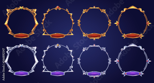 Empty circle silver and gold rank frames in medieval style for game ui design. Vector cartoon set of user interface elements, metal border with gems and red, purple buttons isolated on background