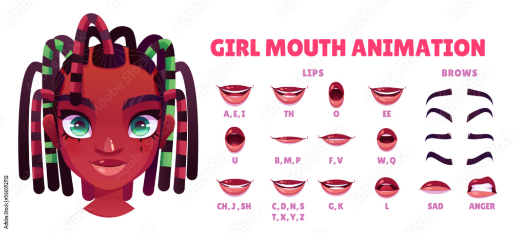 African American girl mouth animation set isolated on white background. Lip sync collection. Vector cartoon illustration of female teen face elements with different emotions, sound pronunciation