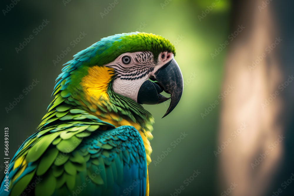 Beautiful tropical parrot portrait. Colorful green, yellow, blue macaw parrot Ara close up side view. Brazil rainforest wild bird face