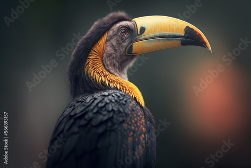 Tropical bird with big yellow beak. Rainforest wildlife bird portrait. Close up view ornithology banner