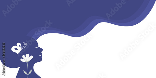 Blue silhouette of smiling woman with flying hair, mindfulness concept. Flat vector illustration banner.	