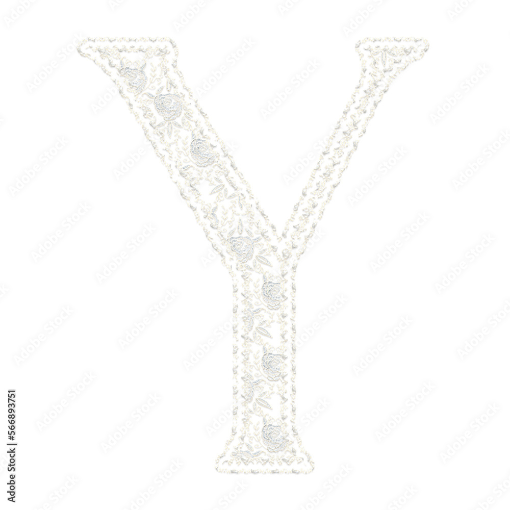 Beautiful floral lace alphabet set in uppercase and lowercase letters, off white color, isolated with transparent backgrounc. 