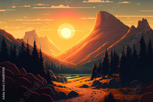 Sunset in a valley in a mountain. a lovely natural setting in the summer. Generative AI