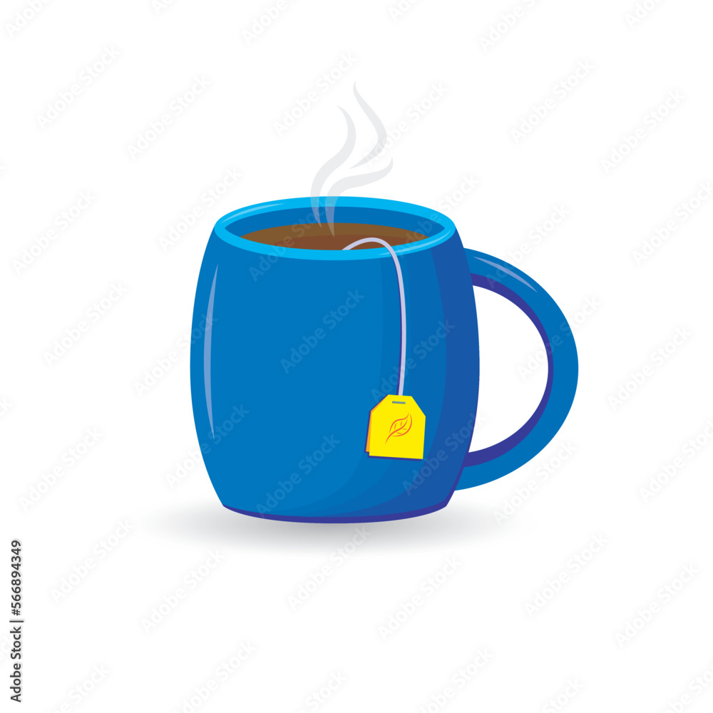 Obraz premium Vector blue cup with black tea bag isolated on white background.