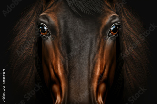 The bay horse's bridled muzzle in the light, complete with a close up of one stunning eye and a thick, dark mane. Generative AI