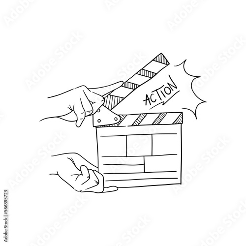 Movie clapperboard doodle icon. The board clap to start the video clip scene.
