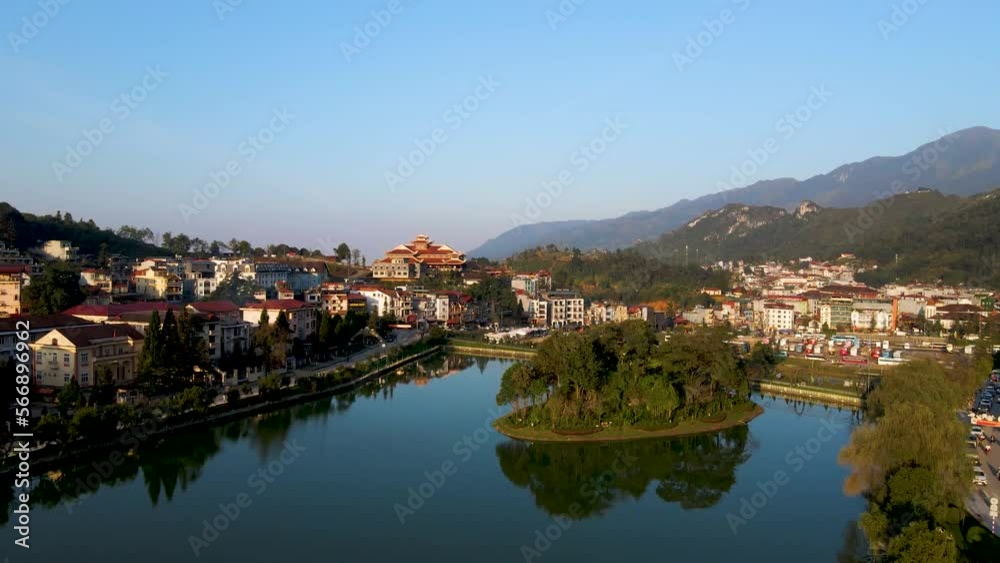 Scenic Aerial Flying Over Calm Reflective Sapa Lake In Vietnam. Dolly Forward Scenic Aerial Flying Over Calm Reflective Sapa Lake In Vietnam. Dolly Forward