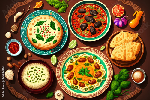 Traditional Uzbek oriental cuisine. Uzbek family table from different dishes for the New Year holiday. The background image is a top view. Generative AI