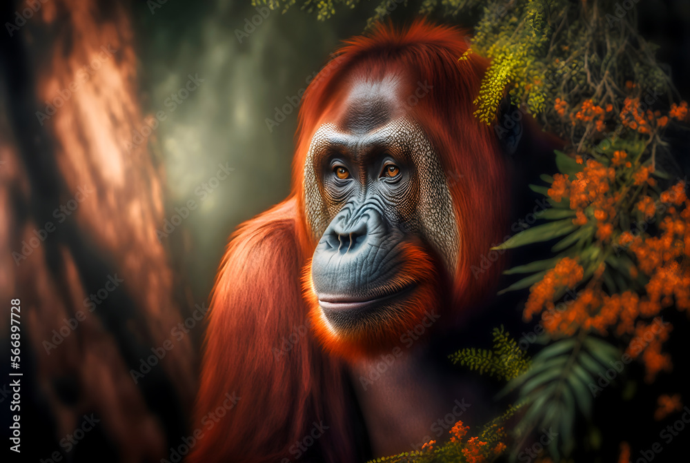 Orangutan in the forest surrounded by nature and flowers. An endangered species, generative ai