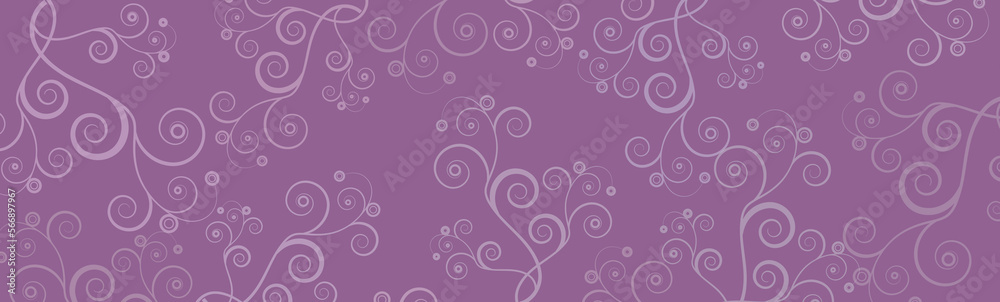 Beautiful seamless pattern with pink swirls. Lilac creative background. Digital graphics, art design, floral patterns. Horizontal banner. Place for text. Space for inscription. Abstract backdrop.