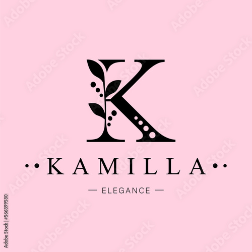 Logo, capital letter k. Monogram of Botanical Minimalistic with natural plant.