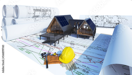 Bauplannung an einem energieeffizienten Mehrzweckgebäude in moderner Architektur ausgestatttet mit einer Fotovoltaikanlage - 3D Visualisierung