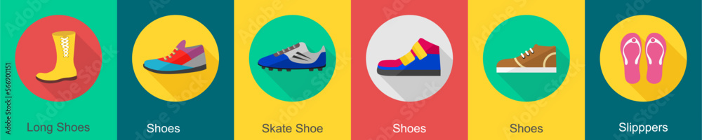 A set of 6 Clothes icons as long shoes, shoes, skate shoe A set of 6 Clothes icons as long shoes, shoes, skate shoe