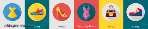 A set of 6 Clothes icons as frock, shoe, heels