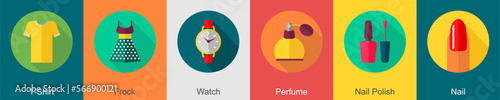 A set of 6 Clothes icons as t shirt, frock, watch 