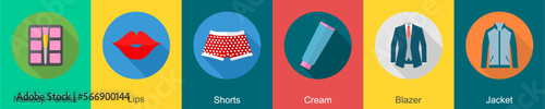 A set of 6 Clothes icons as makeup palette, lips, shorts 