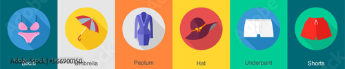 A set of 6 Clothes icons as bikini, umbrella, peplum photo