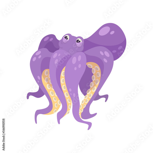 Purple comic octopus vector illustration. Underwater animal cartoon character with tentacles  sea or ocean creature isolated on white background. Wildlife  nature concept