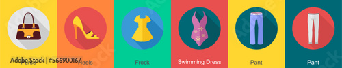 A set of 6 Clothes icons as purse, heels, frock
