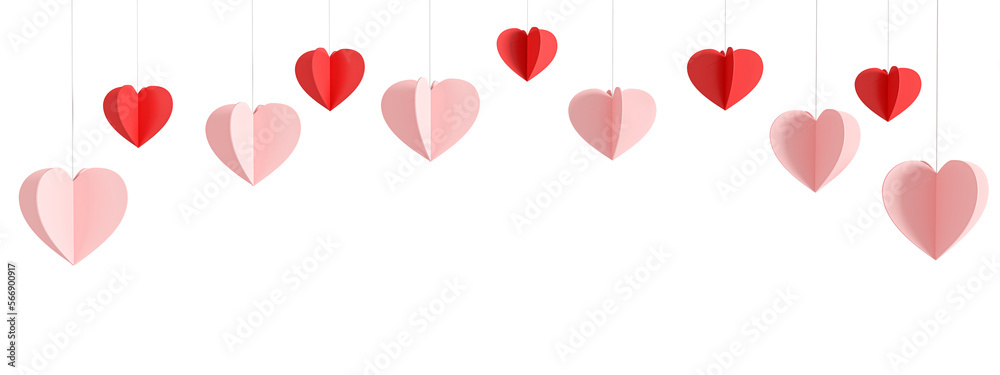 Valentine background with hearts falling on white background. 3d render.