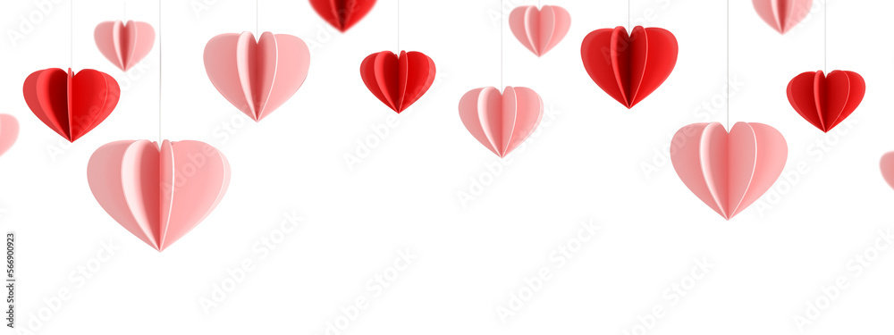 Valentine background with hearts falling on transparent. 3d render.