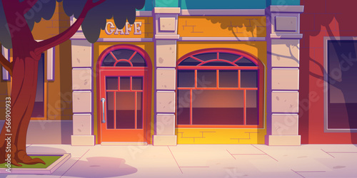 Cafe facade in city street with tree on sidewalk. Vector contemporary illustration of yellow building with retro arch door and window, plant shadow on wall. Cozy coffee shop exterior. Small business