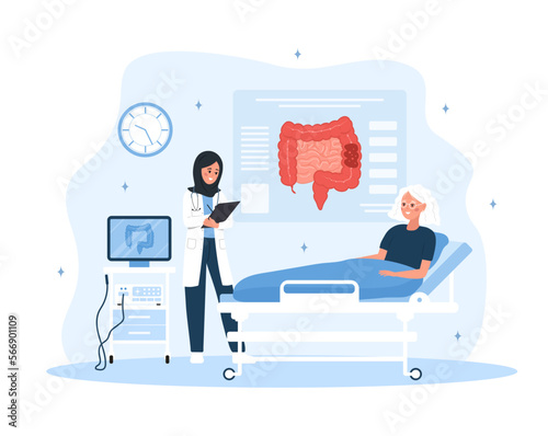 Colonoscopy concept. Arabian female proctologist examine intestine. Elderly woman is being examined in hospital. Vector illustration in flat cartoon style. Colon health. Prevention of cancer.
