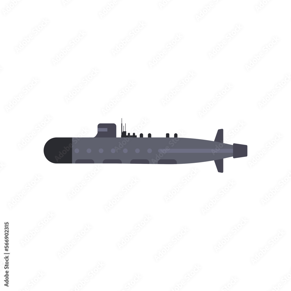 Military grey and black submarine cartoon illustration. Warship, vessel and boat on white background. Navy, sea power, marine forces, war, battle concept