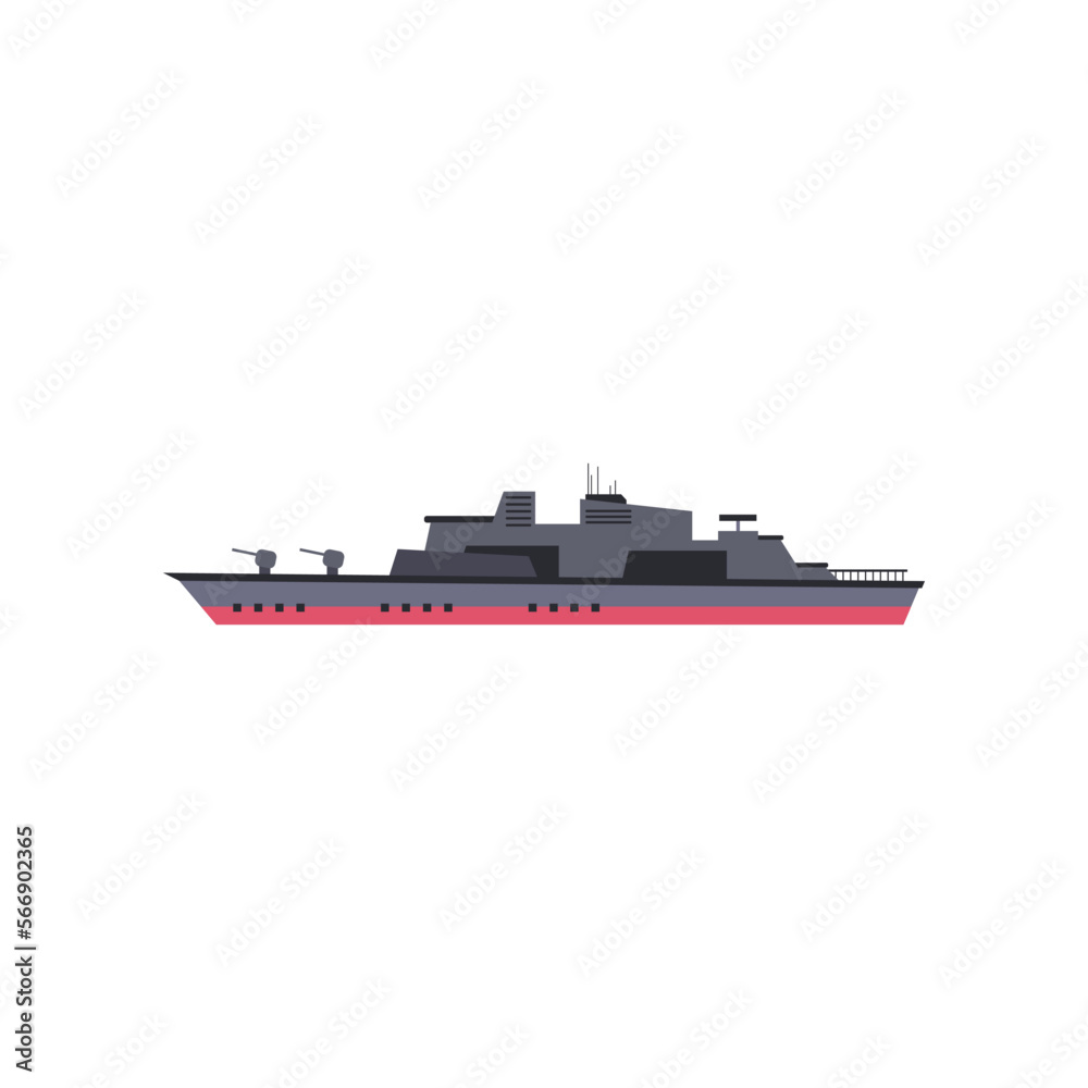 Military ship cartoon illustration. Warship, vessel and boat on white background. Navy, sea power, marine forces, war, battle concept