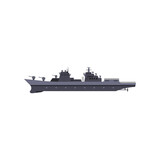 Military grey ship cartoon illustration. Warship, vessel and boat on white background. Navy, sea power, marine forces, war, battle concept