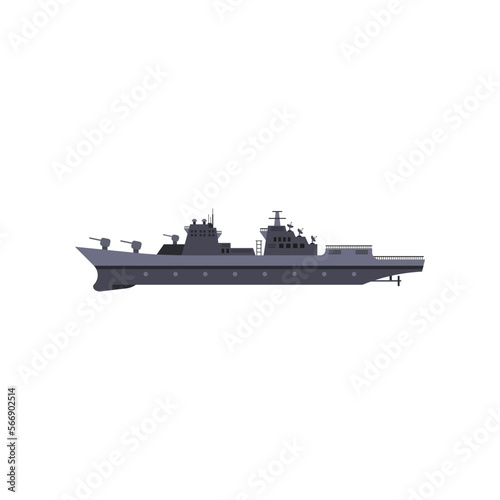 Military grey ship cartoon illustration. Warship, vessel and boat on white background. Navy, sea power, marine forces, war, battle concept