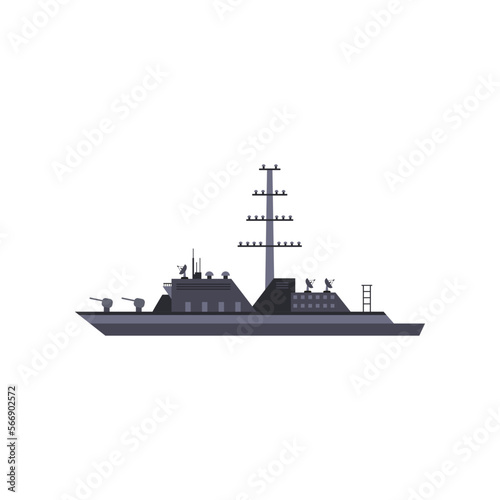 Military grey ship vector cartoon illustration. Warship, vessel and boat on white background. Navy, sea power, marine forces, war, battle concept