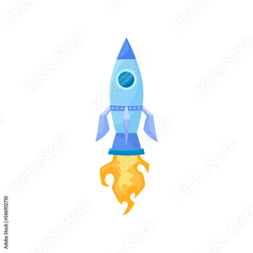 Flying spaceship vector illustration. Launching rocket as symbol of good business isolated on white background. Startup, business failure concept