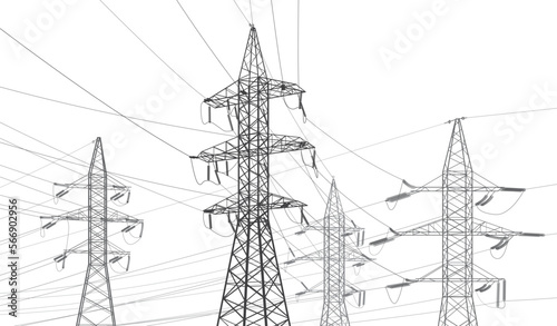 High voltage transmission systems. Electric pole. Power lines. Black outlines image. A network of interconnected electrical. Vector design illustration