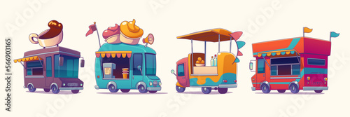 Food trucks with ice cream, coffee, drinks and snacks. Street food vans for summer event in park, fair or festival isolated on white background, vector set in contemporary style