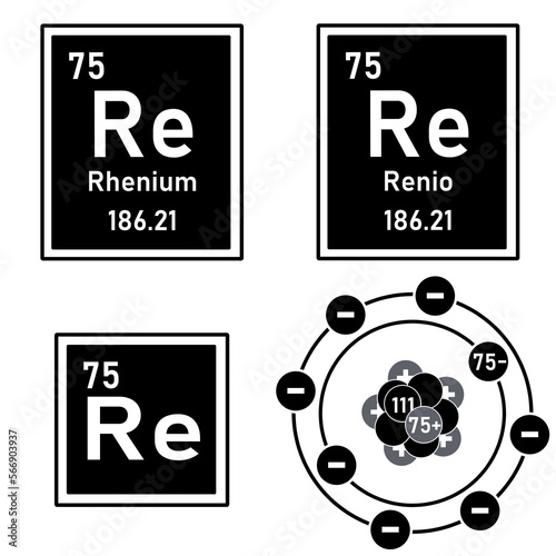 Icon of the element rhenium of the periodic table with representation of its atom