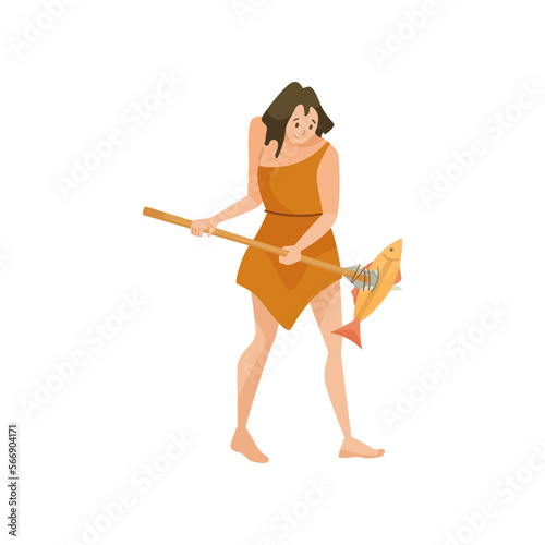 Prehistoric woman catching fish vector illustration. Ancient woman hunting for fish on white background. History, stone age, prehistory concept