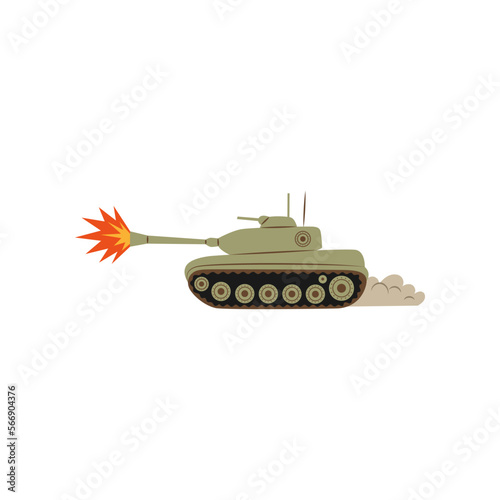 Shooting tank vector illustration. Cartoon drawing of tank shooting, bomb blast, fire after burst on white background. War, armament concept