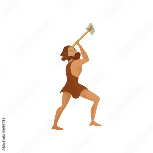 Prehistoric man with axe vector illustration. Ancient man hunting on white background. History, stone age, prehistory concept