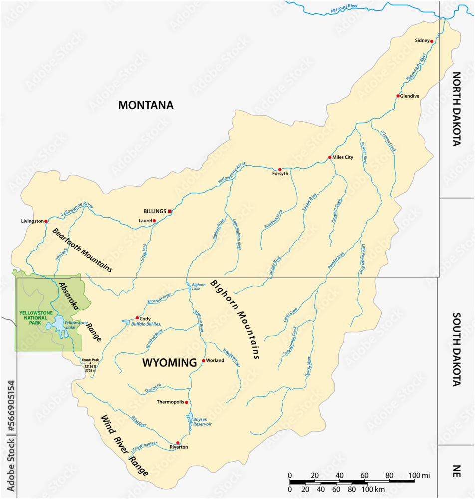 Vector map of the Yellowstone Riverbasin in Montana and Wyoming, USA