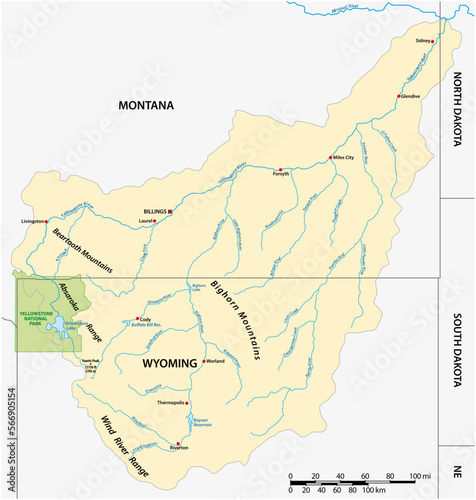 Vector map of the Yellowstone Riverbasin in Montana and Wyoming  USA