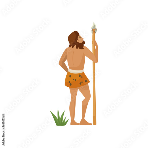 Prehistoric man with spear illustration. Ancient man with weapon on white background. History, stone age, prehistory concept