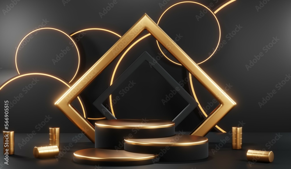 3D rendering of black and gold mockup background for black friday product on mockup