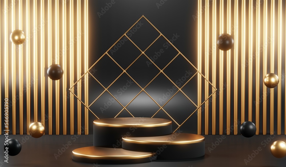 3D rendering of black and gold mockup background for black friday product on mockup