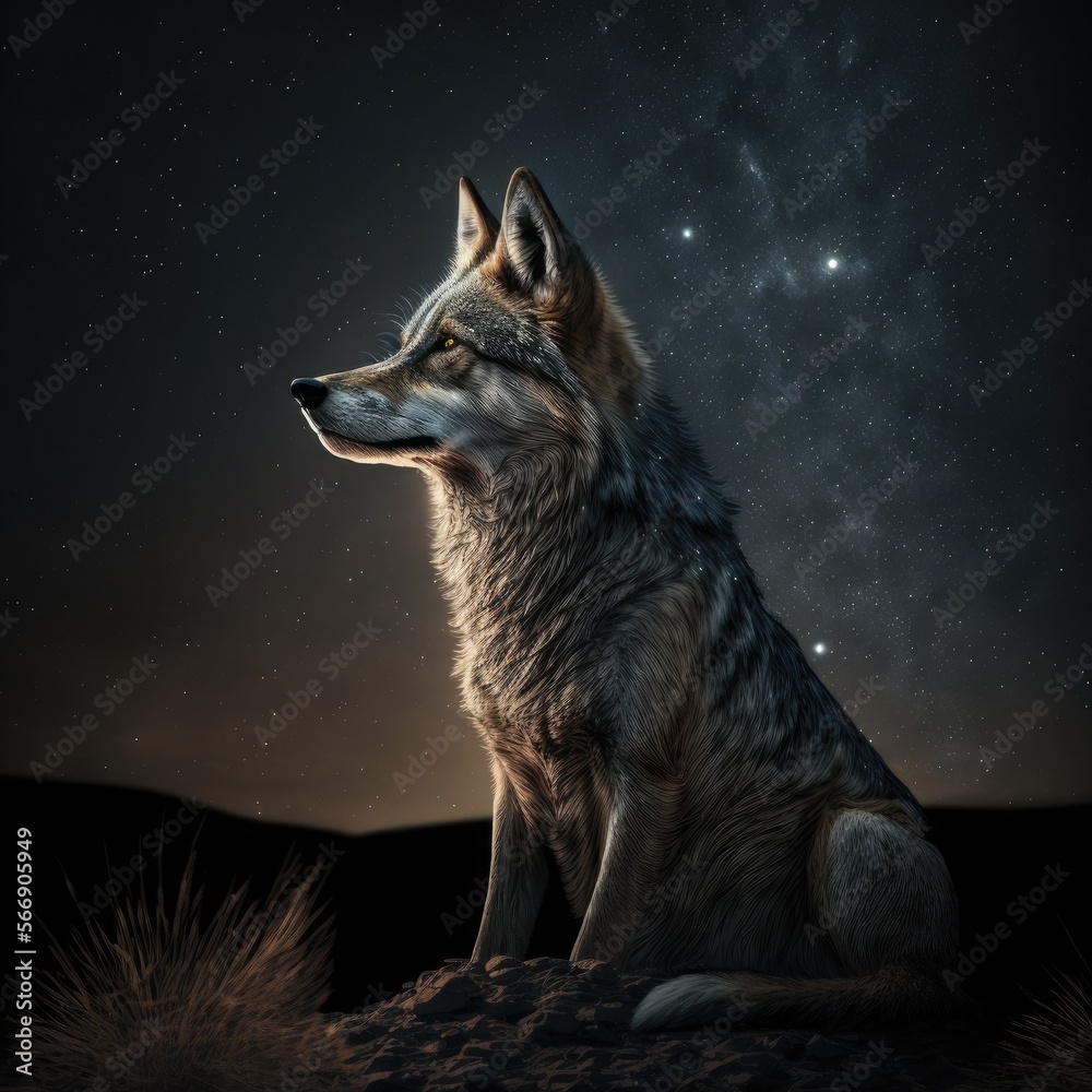 wolf sitting calm in night stars and sky behind. Generative AI