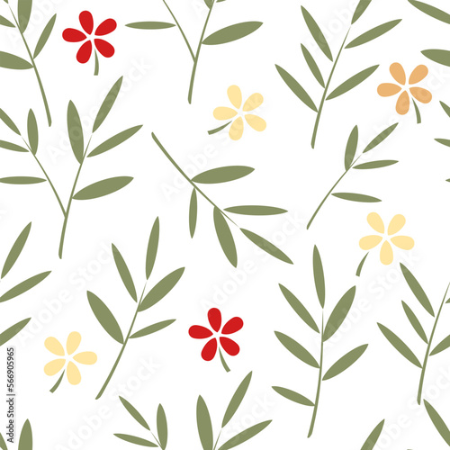 Small flowers with green leaves and twigs on a white background. Floral repeating background. Seamless cute pattern for textile. Vector.