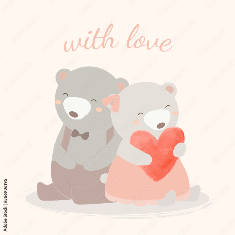 Fototapeta premium lovely cartoon with teddy bear lover holding heart