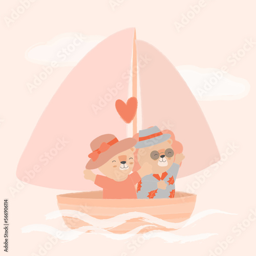 lovely cartoon with teddy bear lover sailing on the sea