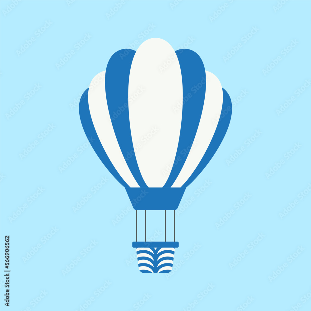 Dark blue hot air balloon flying in sky flat vector illustration. Cute blue hot air balloon, transport for tourists isolated on blue background. Transportation, tourism, journey concept Dark blue hot air balloon flying in sky flat vector illustration. Cute blue hot air balloon, transport for tourists isolated on blue background. Transportation, tourism, journey concept
