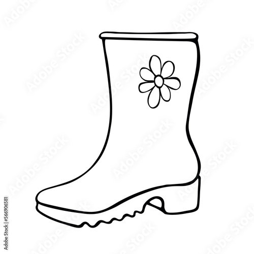 Vector outline rubber rain boot for rainy weather or gardening. Hand drawn element of clothes, clip art in doodle style, isolated.